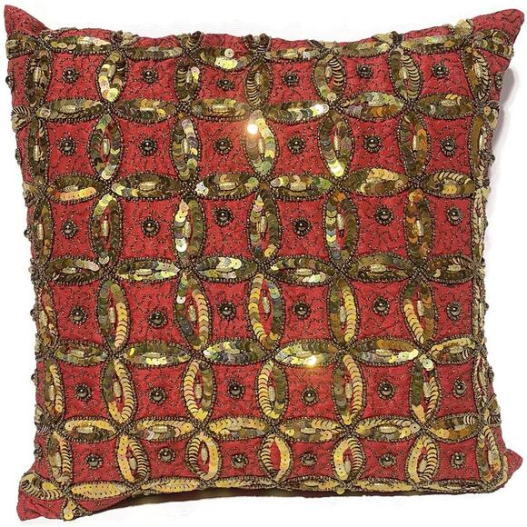 Embellished Accent Throw Pillow Red With Gold Sequins and Silver Accents 14 x 15 - Picture 1 of 7